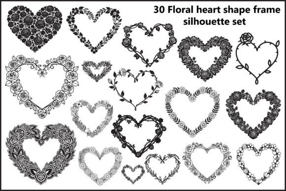 30 Floral Heart Shape Frame Silhouette: Graphics & Illustrations