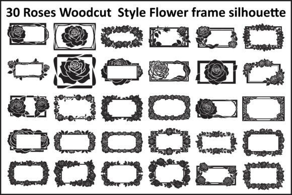 30 Roses Woodcut Style Flower Frame