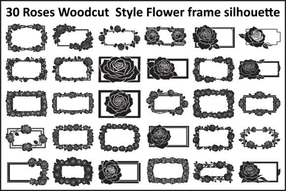 30 Roses Woodcut Style Flower Frame Set: Graphics & Illustrations