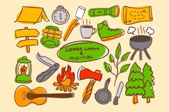 Colorful Hand-Drawn Camping Graphics & Illustrations