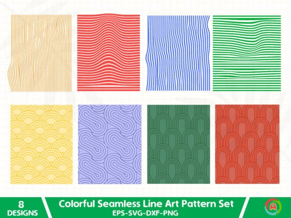 Colorful Seamless Line Art Pattern Set: Graphics & Illustrations
