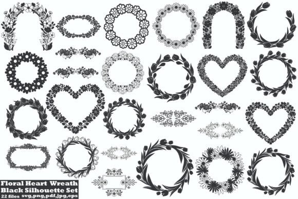 Floral Heart Circle Wreath Black Set: Graphics & Illustrations