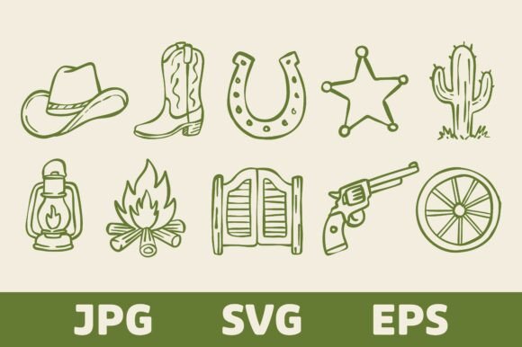 Hand-Drawn Western Cowboy Icon Set: Graphics & Illustrations