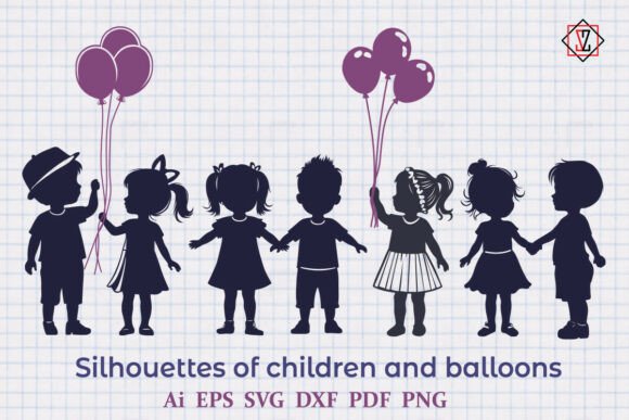 Silhouettes of Children and Balloons: Graphics & Illustrations