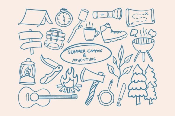 Summer Camping Hand Drawn Line Art: Graphics & Illustrations